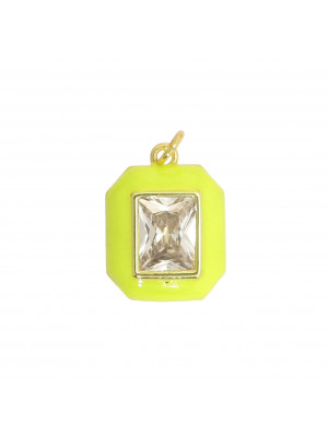 Ciondolo a forma Ottagonale, con bordo smaltato Giallo Fluo e gemma Crystal, 20x15mm