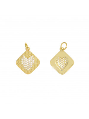 Ciondolo a forma di rombo, puntinato, con Cuore ricoperta di strass Crystal, 19x17 mm.
