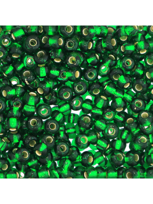 Conteria in vetro, dimensione variabile 4-5x3-3,5 mm., colore Verde smeraldo con argento