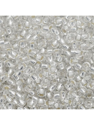 Conteria in vetro, dimensione variabile 4-5x3-3,5 mm., colore Trasparente con Argento