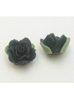 Rosa in pasta di fimo colorata, piatta sotto con foro passante, larga 18 mm., alta 11 mm., colore Nero