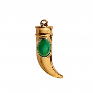 Ciondolo in acciaio oro vintage, forma a Corno con pietra dura Giada Verde, 9x29mm