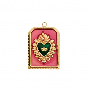 Ciondolo in acciaio oro vintage, forma Rettangolare smaltata con Cuore a rilievo 18x25mm