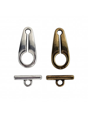 Chiusura a T a forma di goccia allungata con doppio foro, 38x25 mm.