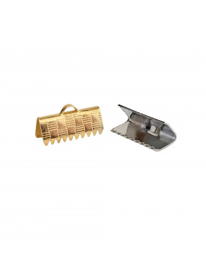 Confezione da 2 pezzi del finalino ferma nastro zigrinato, con graffette finali e anello, per nastri alti 13 mm.