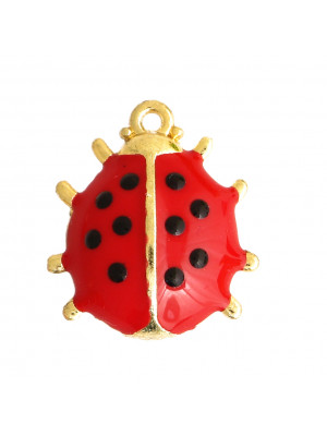Ciondolo a forma di Coccinella, smaltata, 17x14 mm., base in Ottone colore Oro Lucido