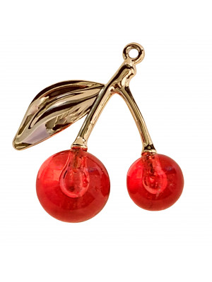 Ciondolo a forma di Ciliegia Rossa, 45x63 mm., base Oro Lucido