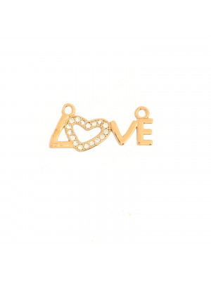 Ciondolo a forma di parola "LOVE", 9x21 mm., strass colore Crsytal, base colore Oro Rosato