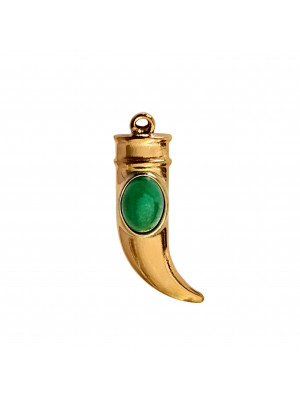 Ciondolo in acciaio oro vintage, forma a Corno con pietra dura Giada Verde, 9x29mm
