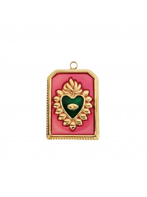 Ciondolo in acciaio oro vintage, forma Rettangolare smaltata con Cuore a rilievo 18x25mm