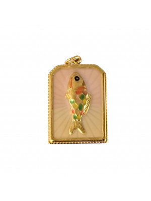 Ciondolo in acciaio oro vintage, forma Rerrangolare smaltata con Pesce a rilievo 18x25mm
