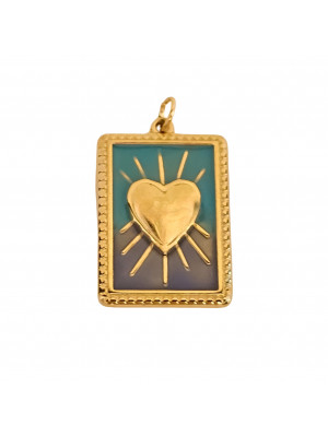 Ciondolo in acciaio oro vintage, forma Rettangolare smaltata con Cuore a rilievo 18x25mm