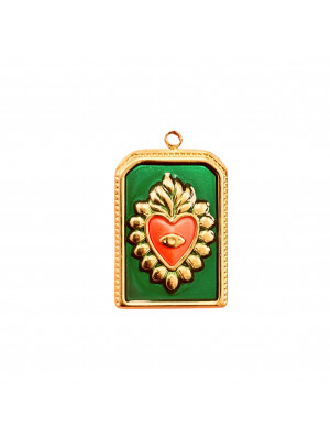 Ciondolo, in Acciaio, a forma Rettangolare smaltato Verde/Rosso Amaranto con Cuore in rilievo 18x25 mm.