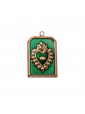 Ciondolo, in Acciaio, a forma Rettangolare smaltato Verde con Cuore in rilievo 18x25 mm.
