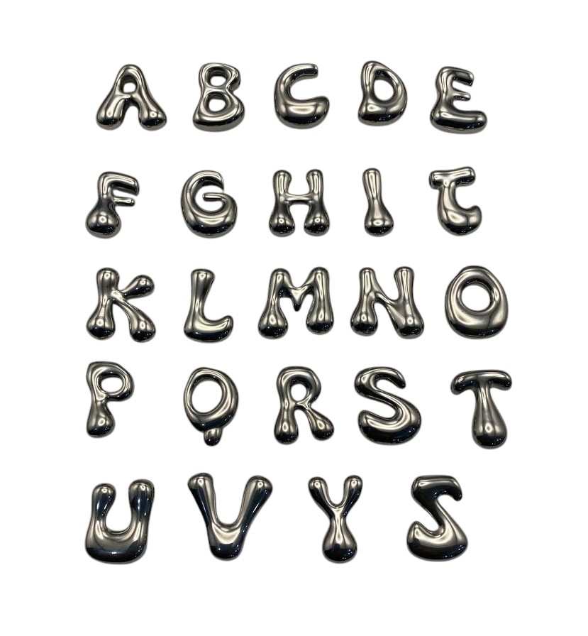 Distanziatore a forma di lettera bombata, in Acciaio, con foro in testa, colore Rodio, misura 7-18x18 mm circa