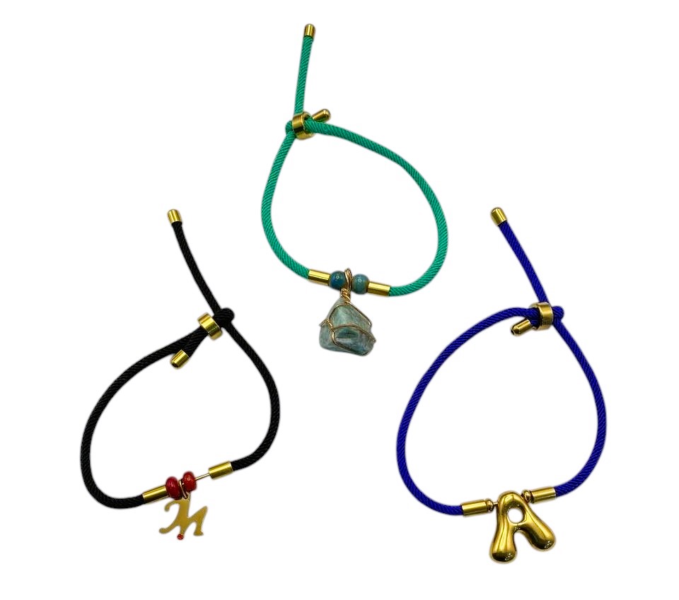 Bracciale regolabile semi-finito in corda intrecciata e finali in acciaio, con vite