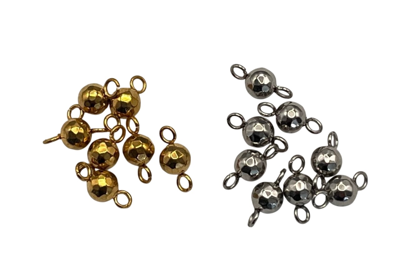 Elemento a doppio Anello Aperto, in Acciaio, a forma di Palla tonda Sfaccettata 4x9mm.